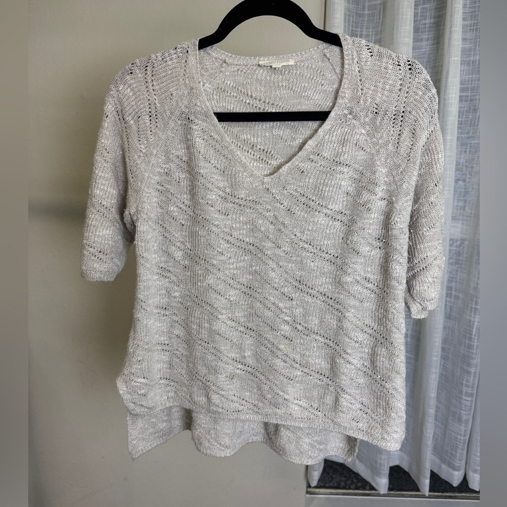 Eileen Fisher Short Sleeve Knit V-Neck Top, Medium, Beige, Light Textured Knit
